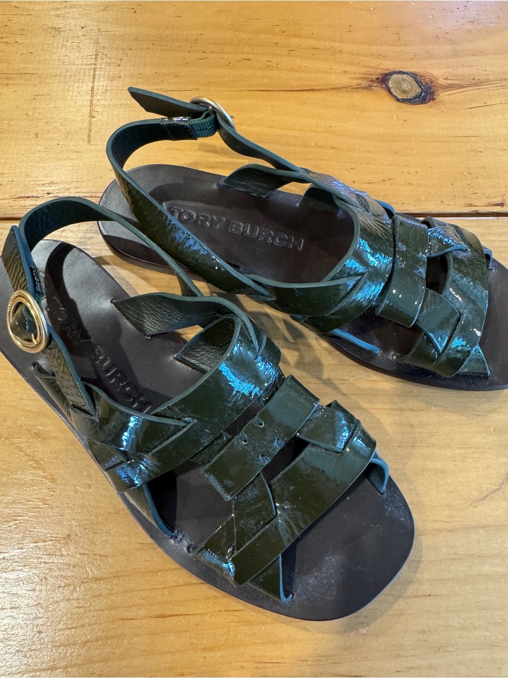 Tory Burch Dark Green Patent Leather Woven Slingback Sandals